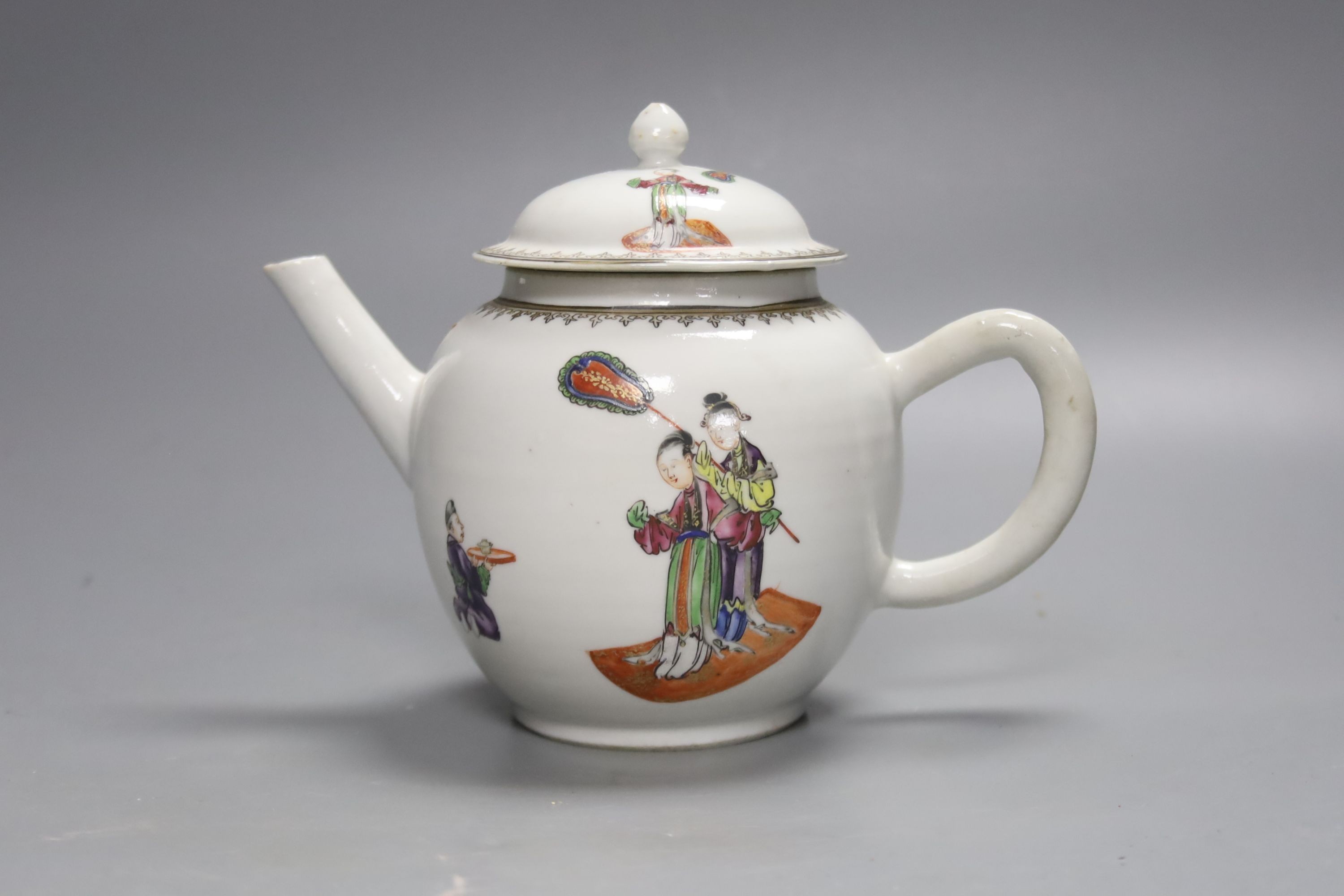 A Chinese export documentary famille rose spherical teapot and cover, the underside monogrammed E.R., height 14cm (faults)